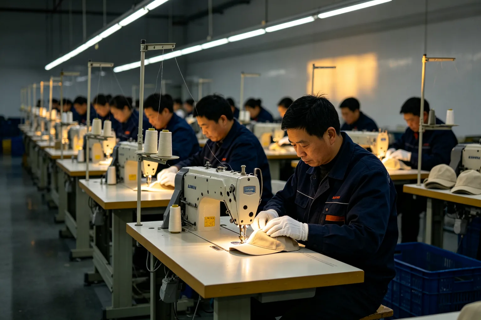Sewing production line at Merris Headwear factory