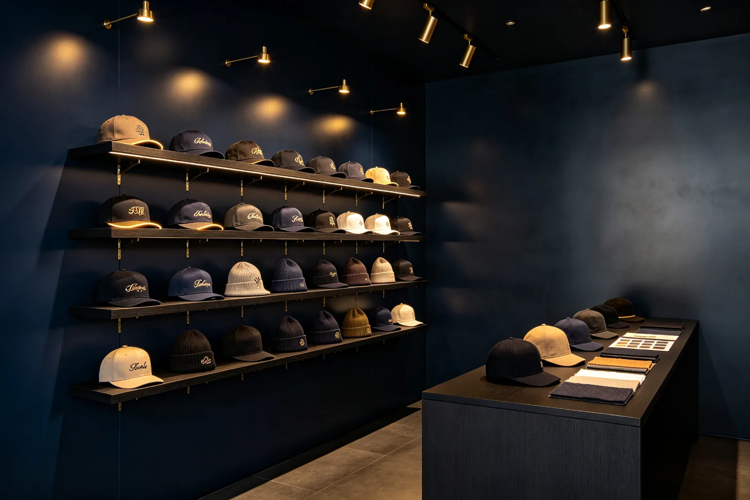 Showroom display of stocked cap styles at Merris Headwear factory