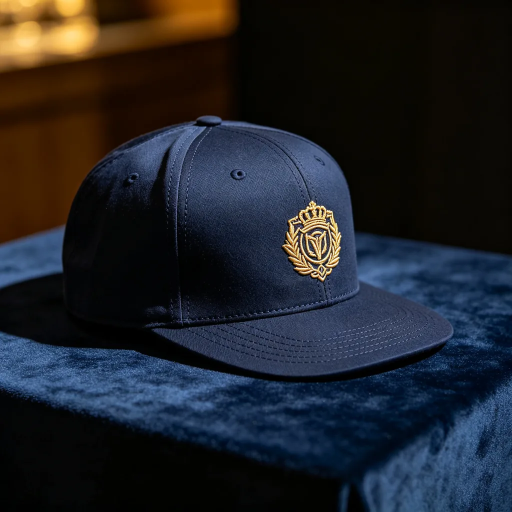 Custom six-panel snapback detail — stitching, brim and embroidery