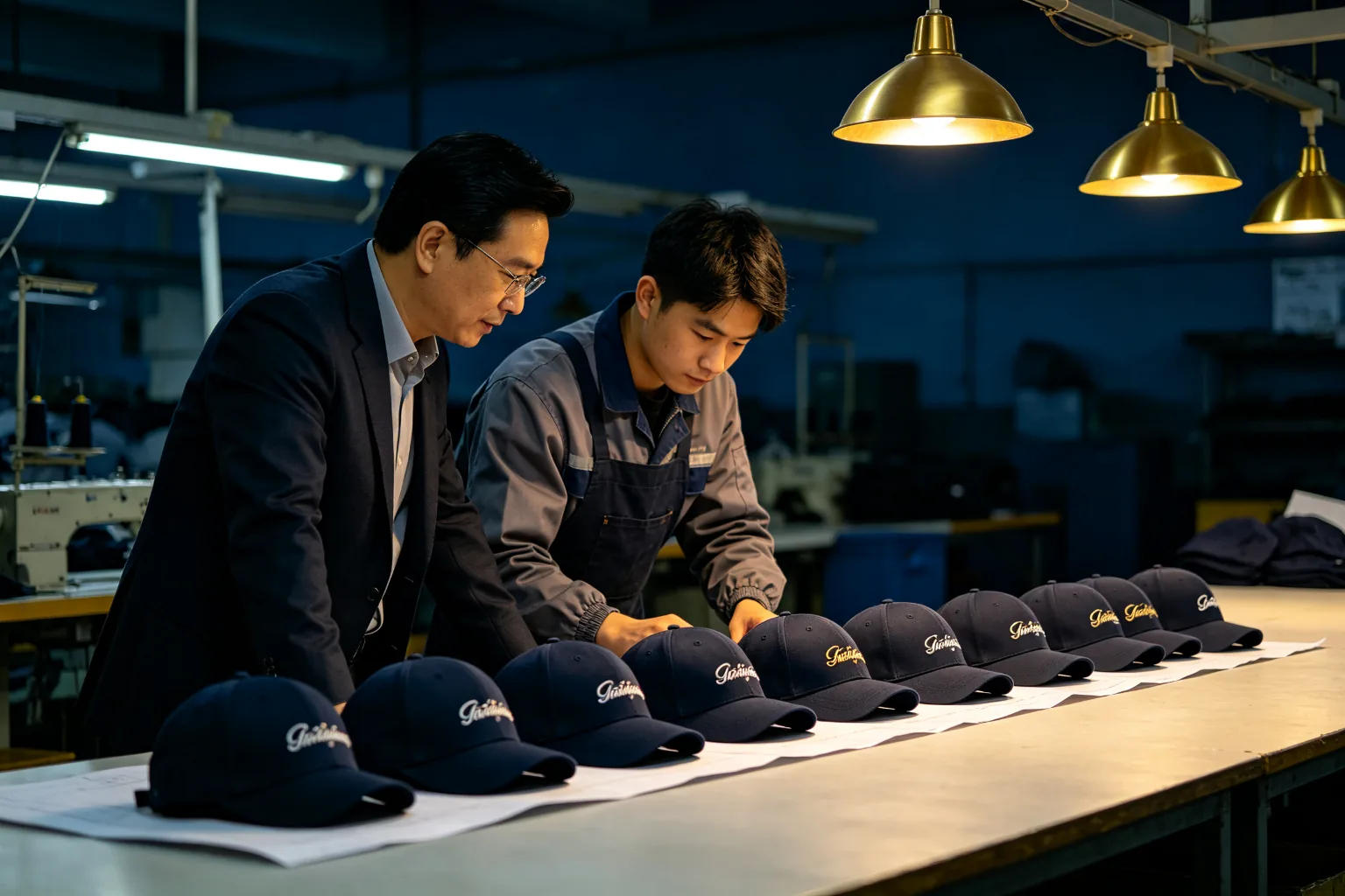 Client and factory staff reviewing cap samples at the check table