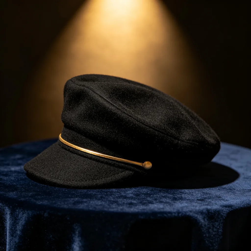 Beret detail — wool felt and gold trim