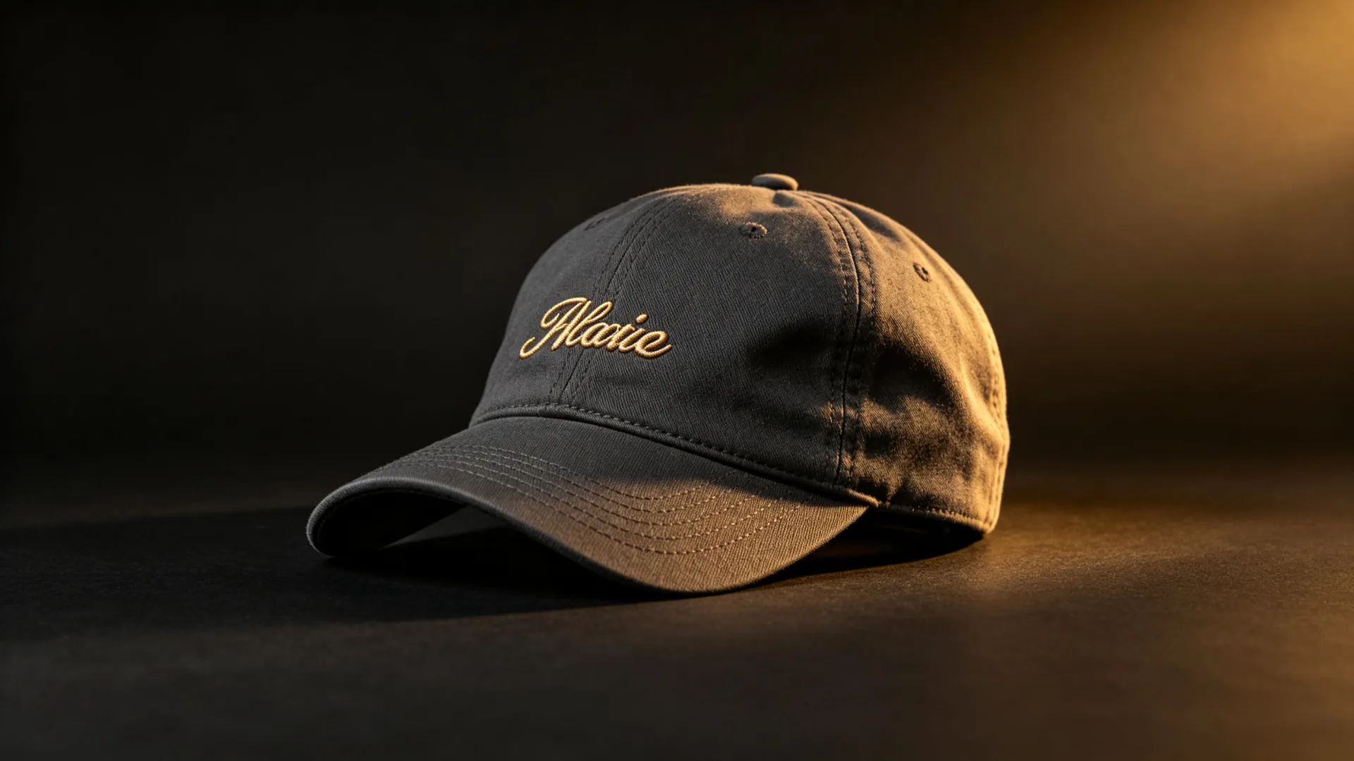 Custom unstructured dad hat with gold embroidery, made by Merris Headwear