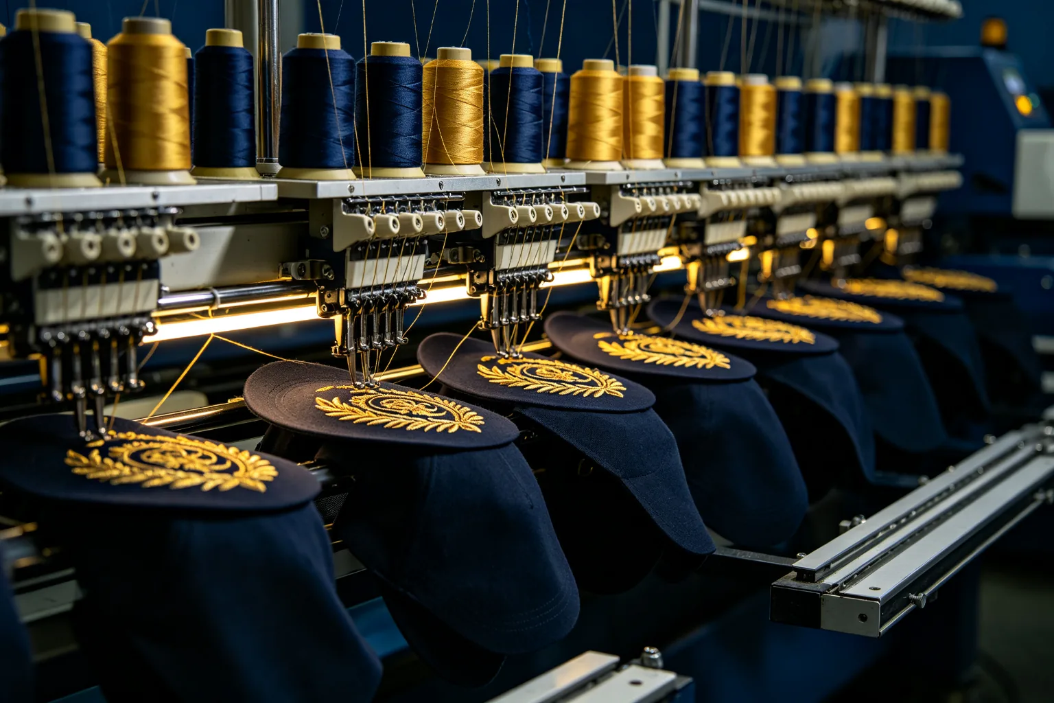 Computer embroidery machines stitching cap panels in-house