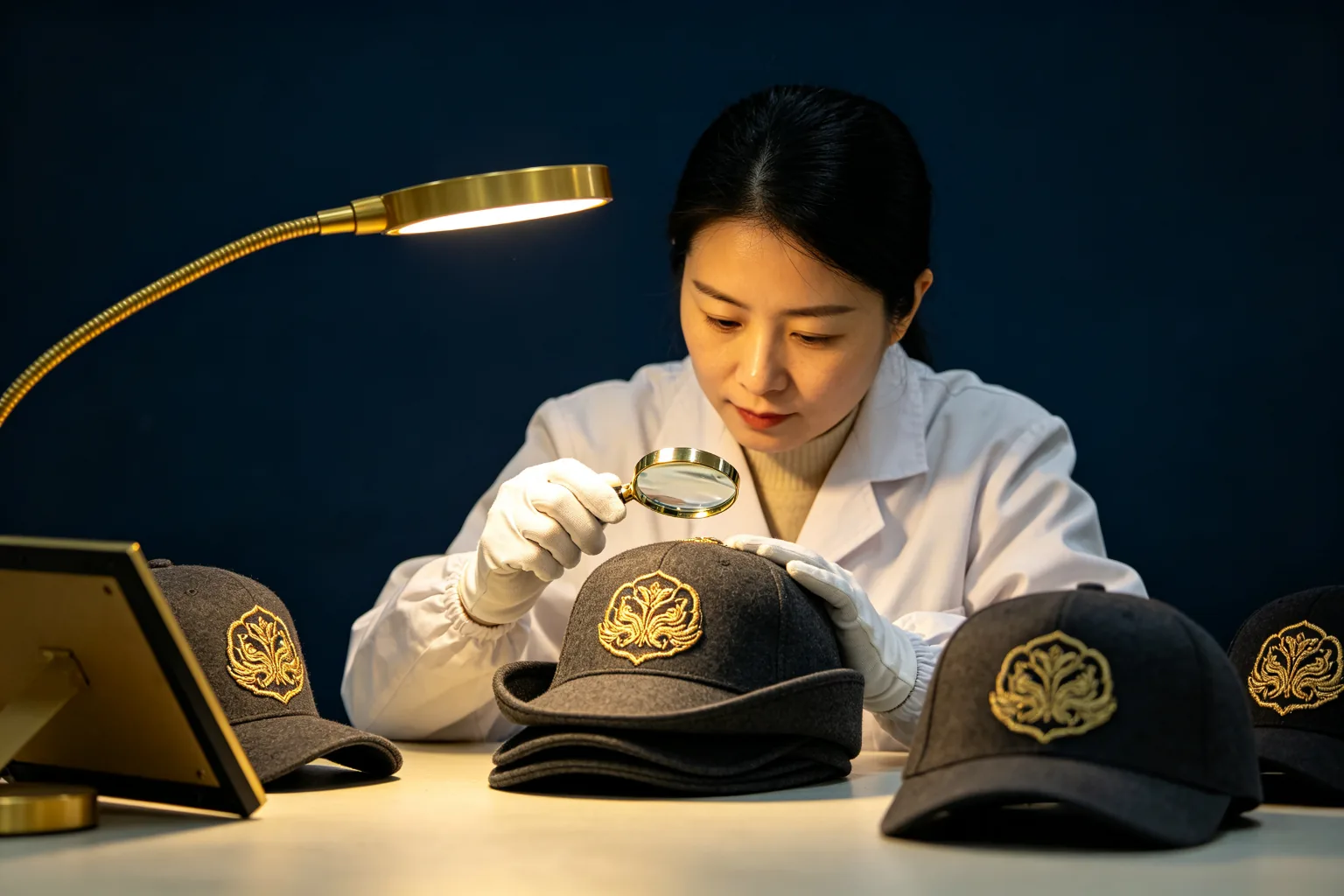 QC staff inspecting gold embroidery under a work lamp at Merris Headwear